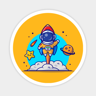 Cute Astronaut Launch with Rocket Cartoon Vector Icon Illustration Magnet